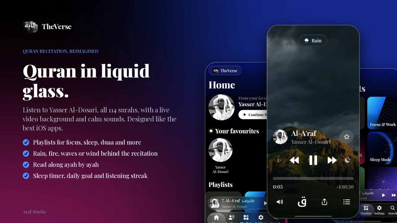 TheVerse Quran app screens: Home, full player with rain video background, and playlists