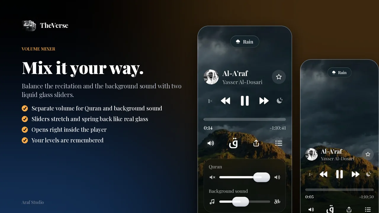 TheVerse volume mixer with separate Quran and Background sound liquid glass sliders