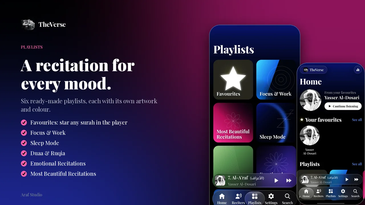 TheVerse Playlists screen with Favourites, Focus & Work, Most Beautiful Recitations and Sleep Mode artwork