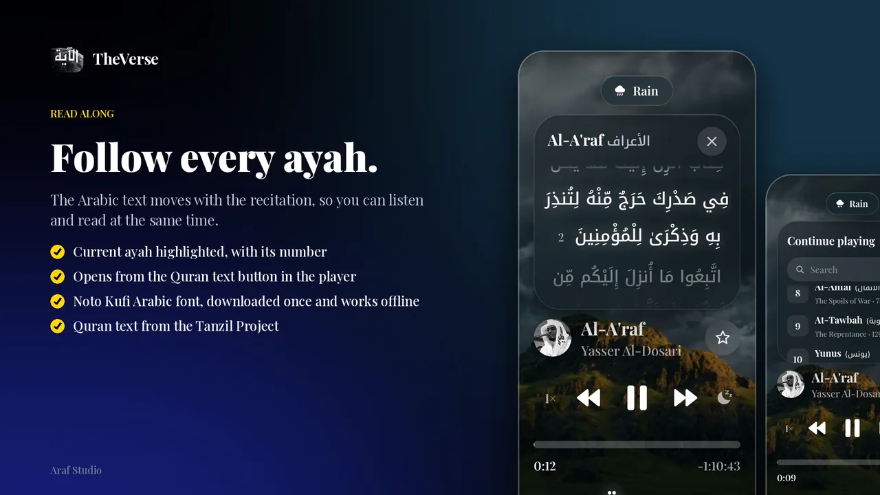 TheVerse read-along view showing Surah Al-A'raf Arabic text with the current ayah highlighted