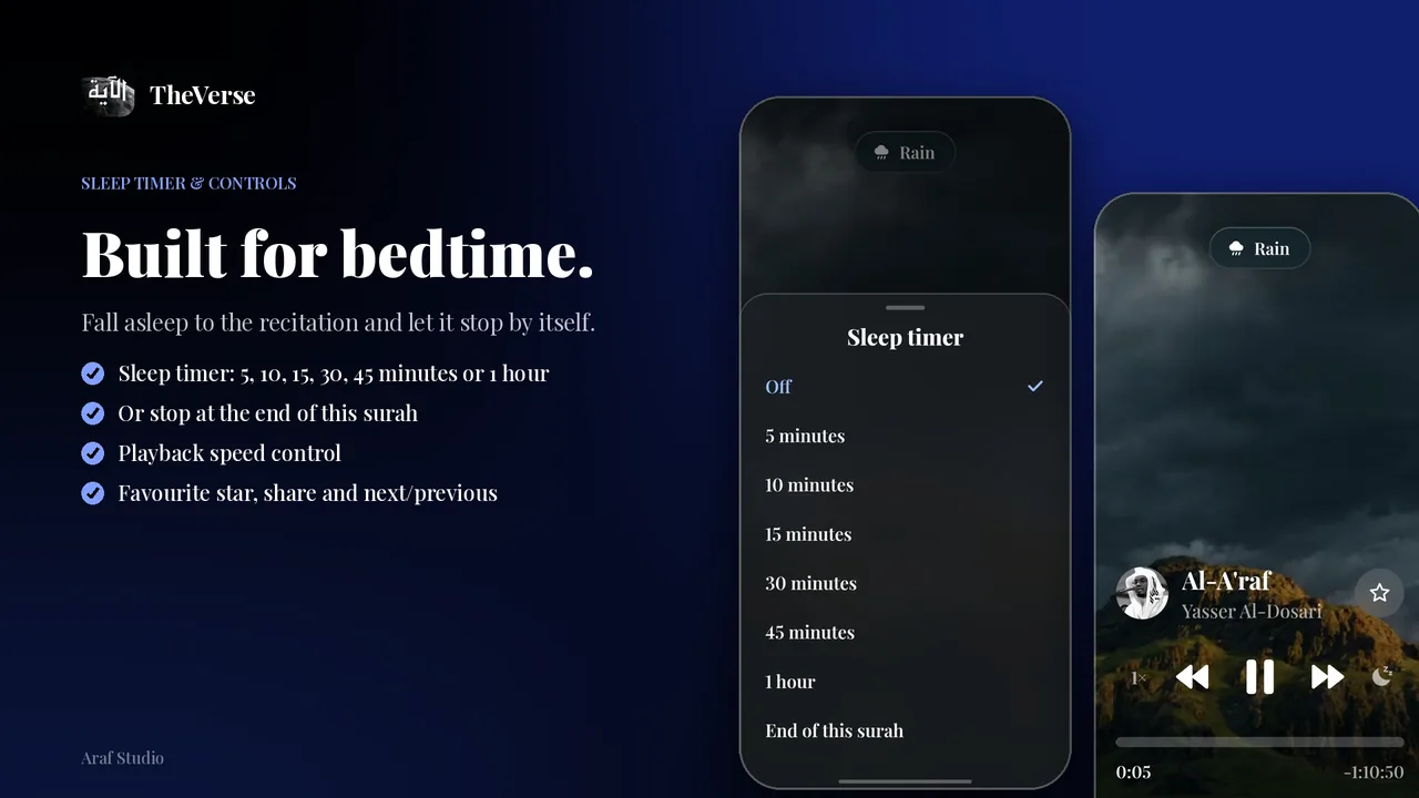 TheVerse sleep timer sheet with Off, 5, 10, 15, 30, 45 minutes, 1 hour and End of this surah